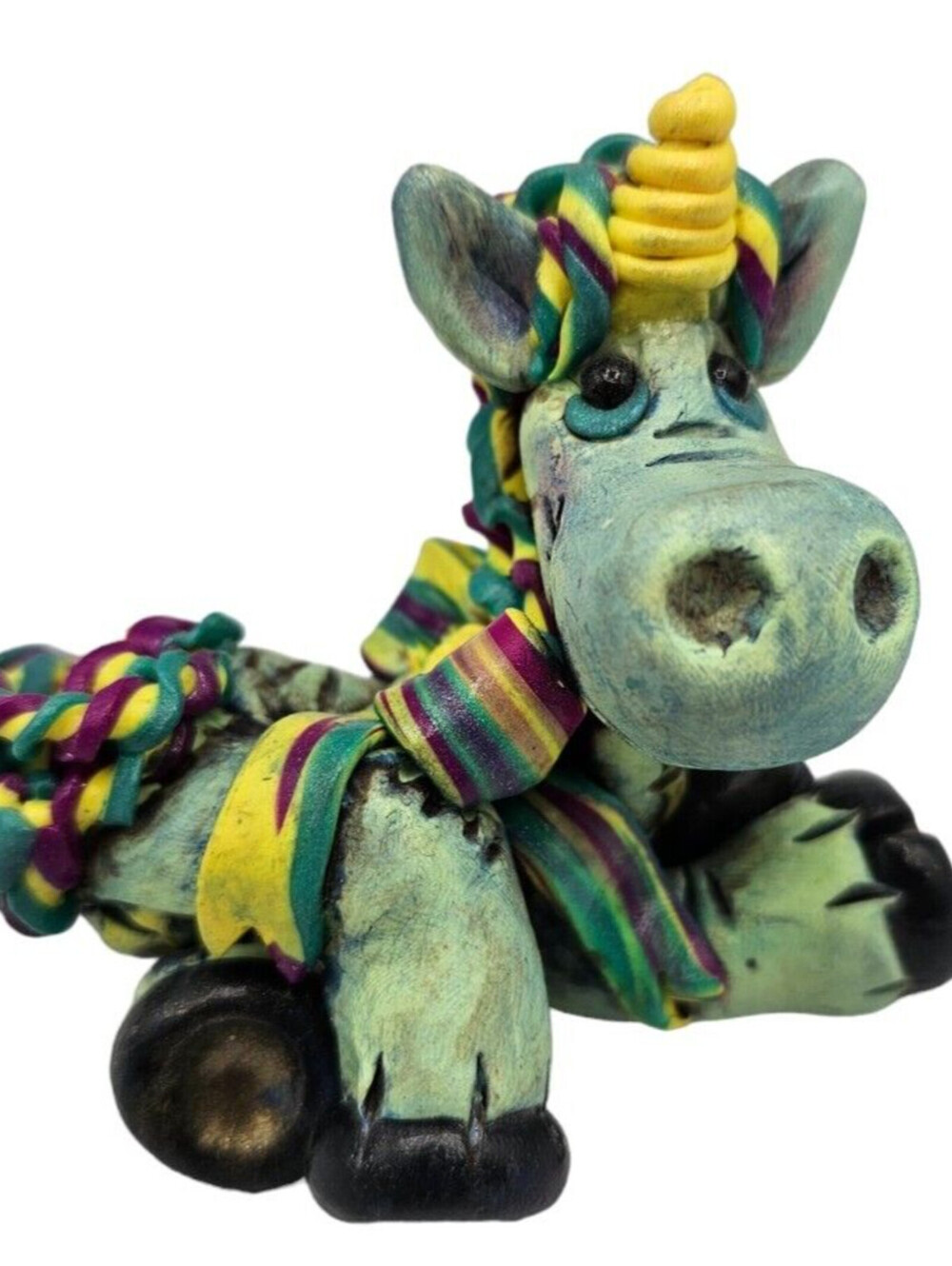 Custom OOAK Clay Unicorn Figurine Signed Whimsical Cartoon Cutie Green Yellow